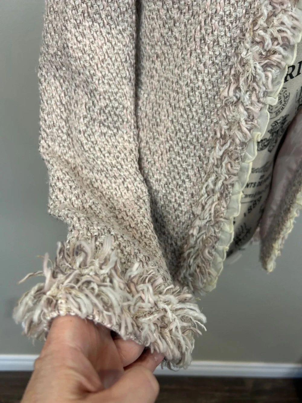 Utd Textured Tweed Jacket Blush Pink Ruffle Trim Fringe Open Front M READ - Picture 3 of 12